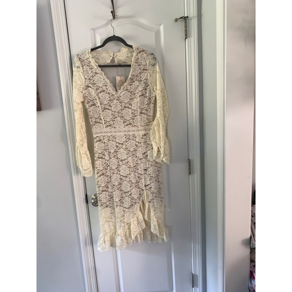 Joyfolie Cream Floral Lace Bell Sleeve Open Back Ruffle Midi Dress NWT Womens S